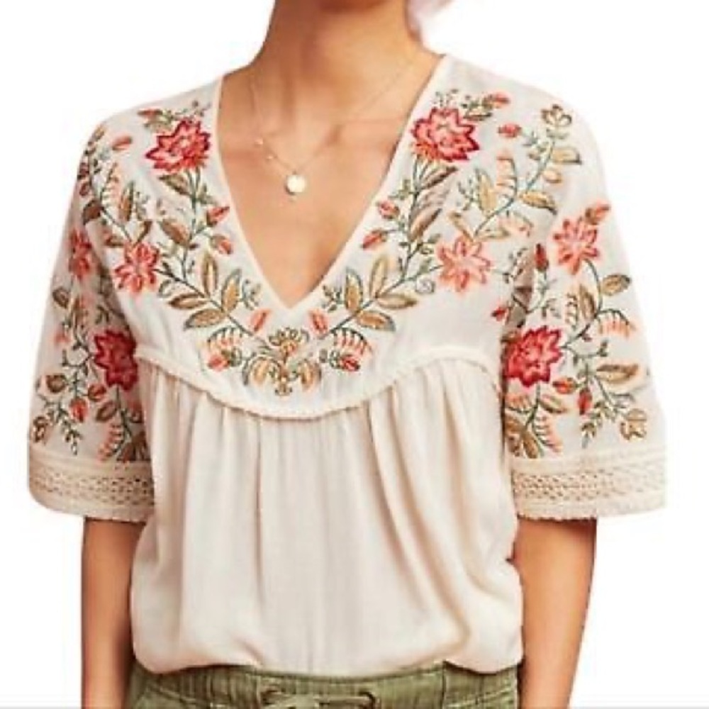 Anthropologie Rana Gill Jumel Embroidered Floral Boho Cream V-Neck Blouse XSP